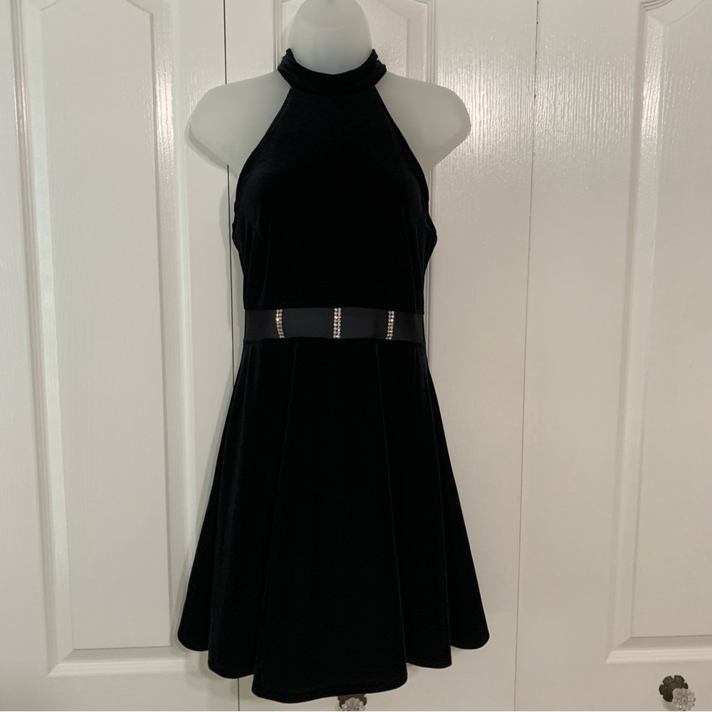 Vintage Black Velvet High Neck Dress Rhinestone